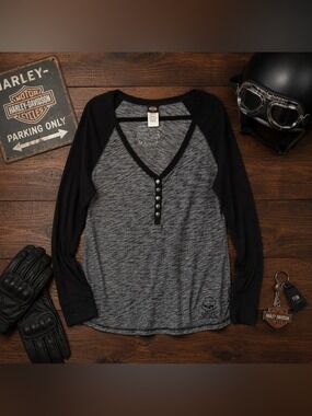 Harley-Davidson Women’s XXL Willie G Skull Gray Black Henley Raglan Shirt